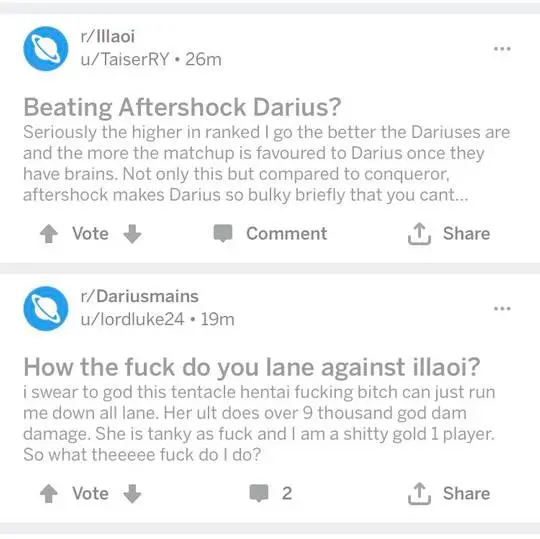 Juxtaposition of Reddit posts from r/Illaoi and r/dariusmains discussing the Illaoi vs Darius matchup.