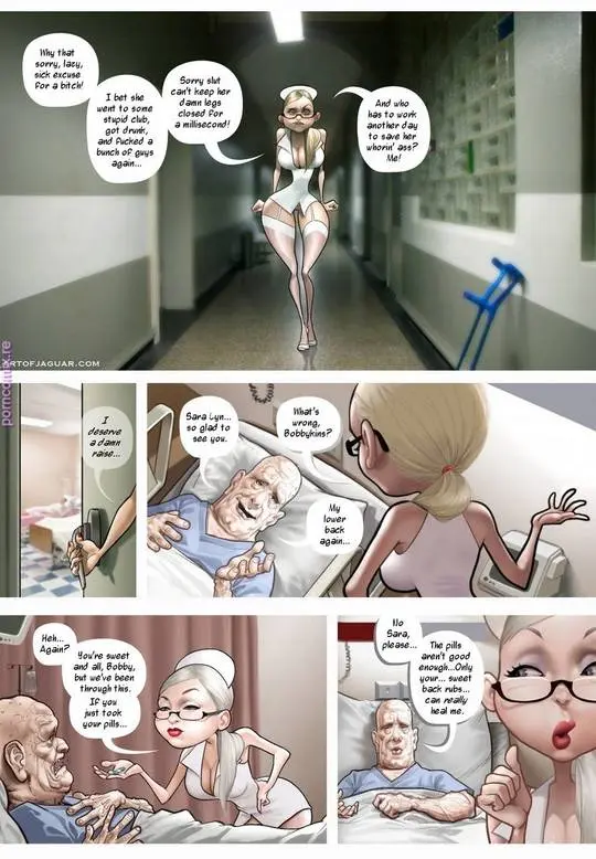 Nurse Sarah in a sexy nurse outfit with a muscular black doctor and an elderly patient in a hospital setting.