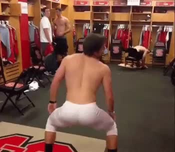 North Carolina State baseball player John Mangum shaking his ass in the locker room
