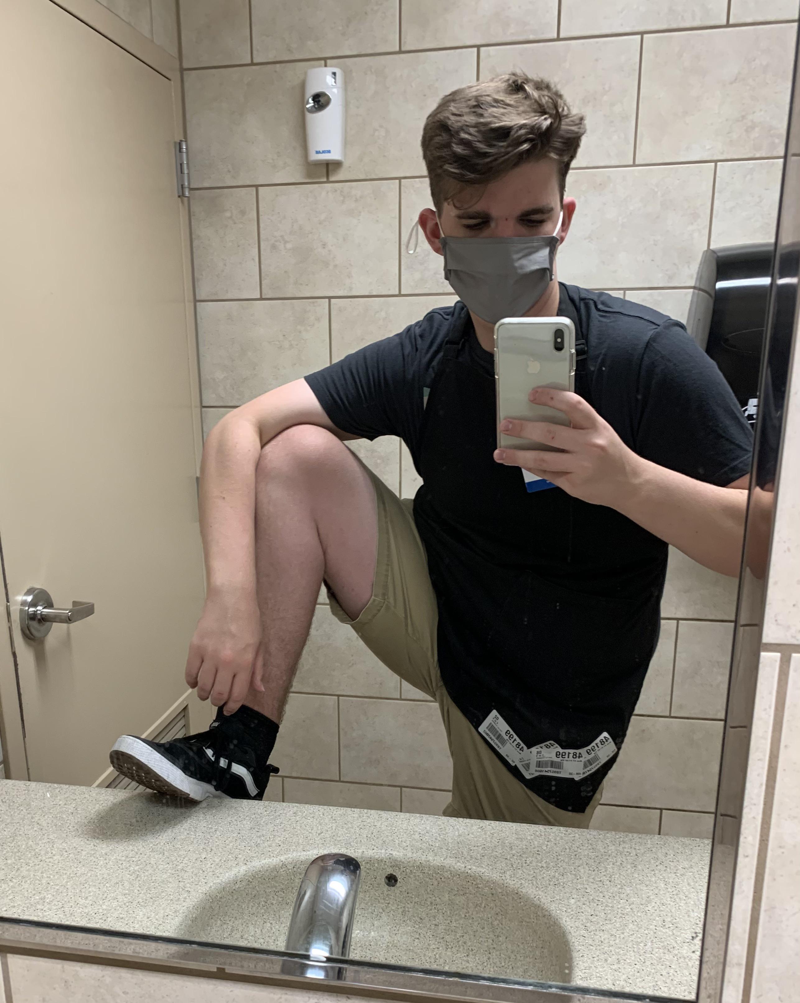 Not me standing in the bathroom wearing shorts when we’re not allowed