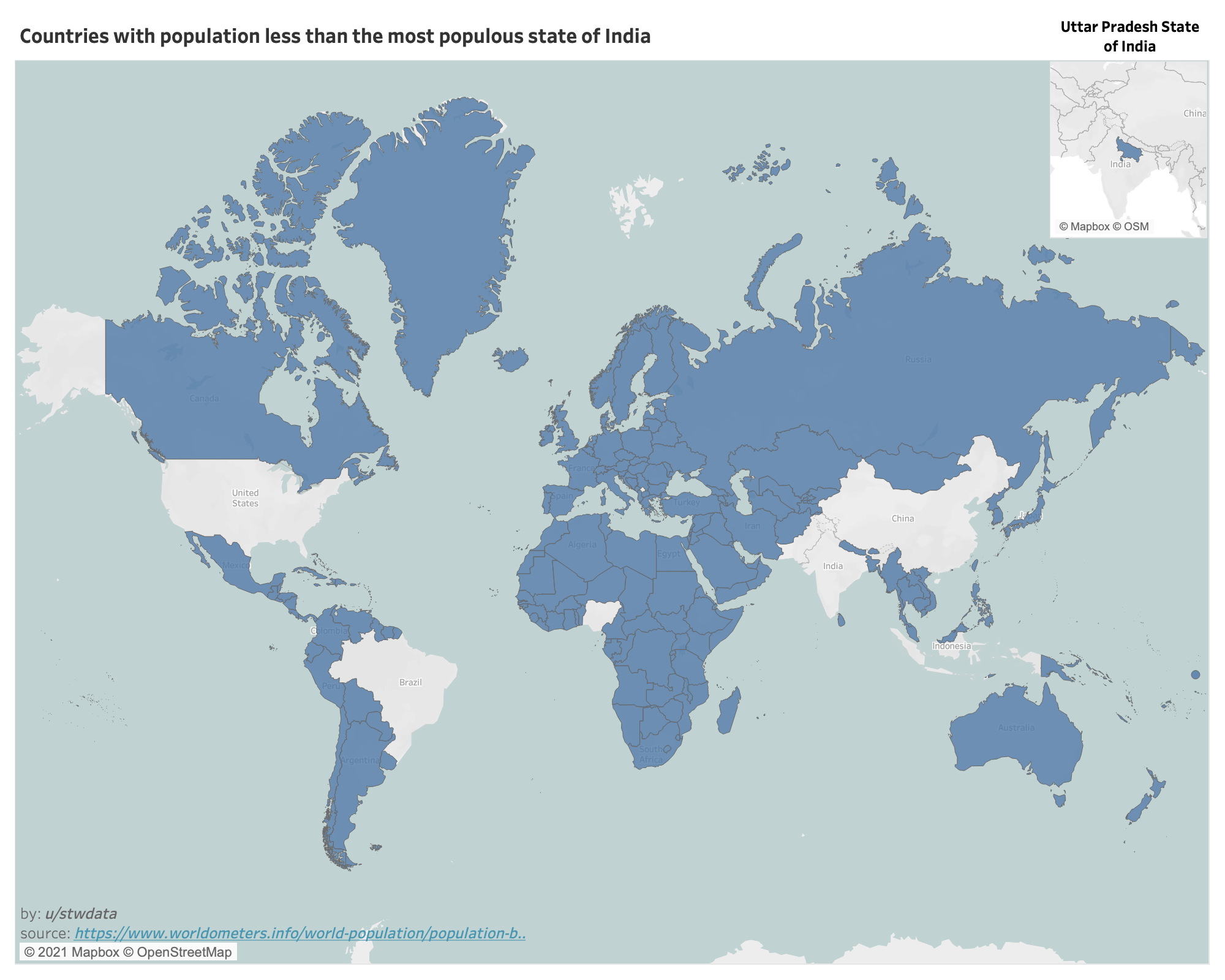 [OC] Countries with population less than the most populous state of ...