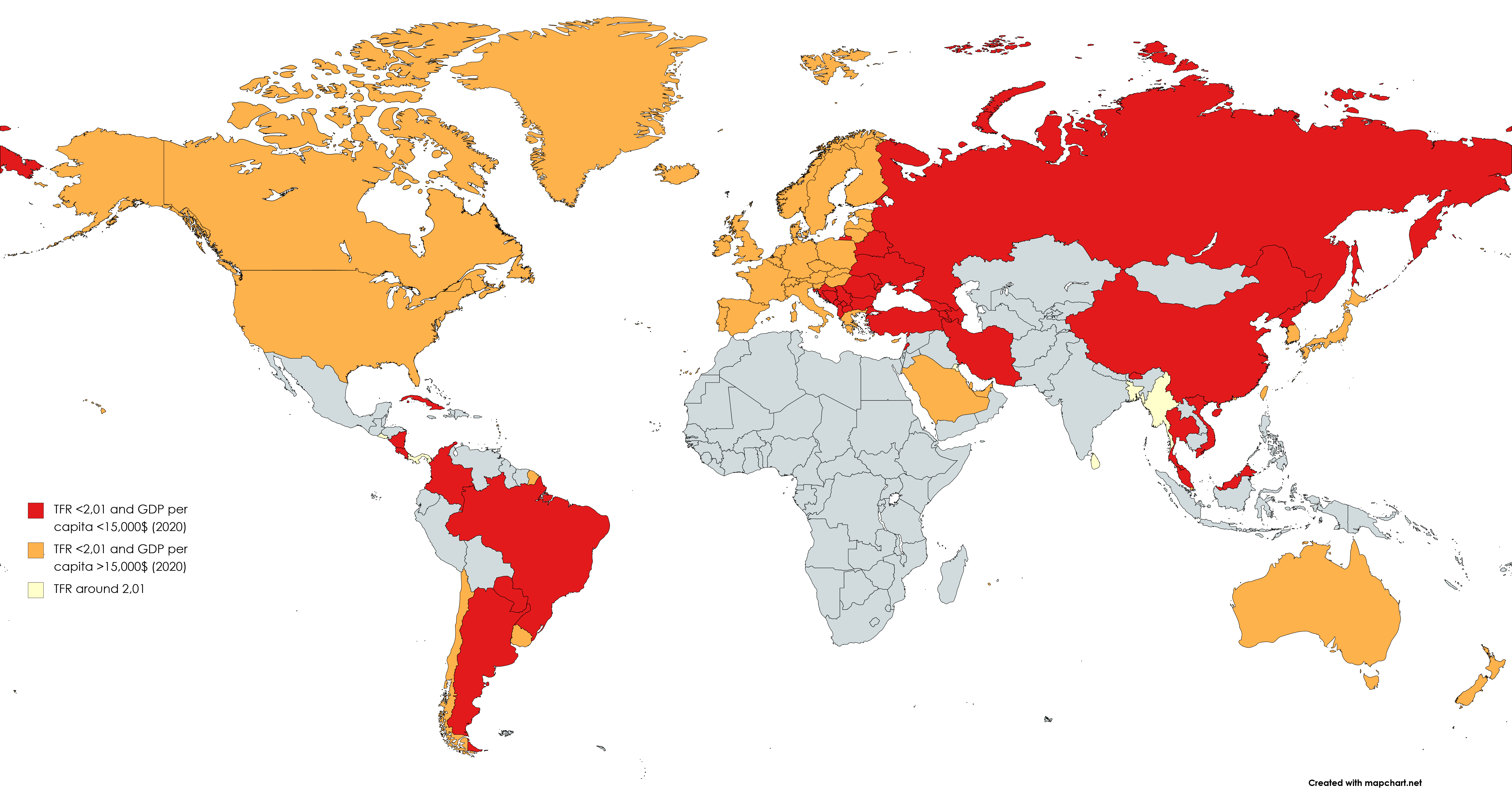 [OC] Countries with sub-replacement fertility rates, by level of income ...