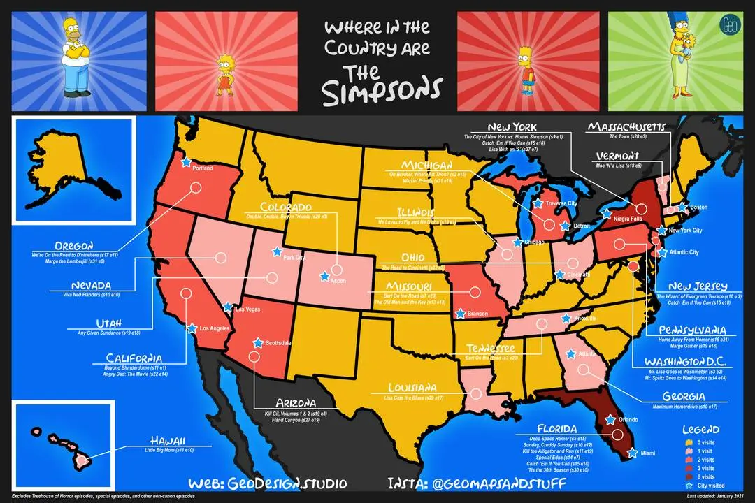 [OC] Every state The Simpsons have visited over the last 30+ seasons ...