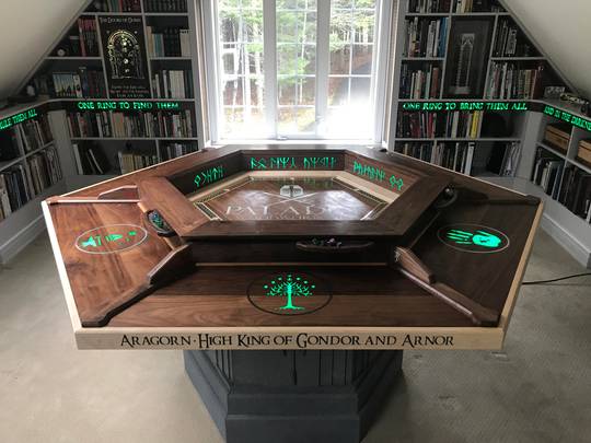 [OC] My New Lord of the Rings Inspired Gaming Table, Durin's Anvil. It features an elevating central "Summoning Portal," and individually controlled lights in front of each player for conditions/status, etc...and a few other things. Link to more photos below