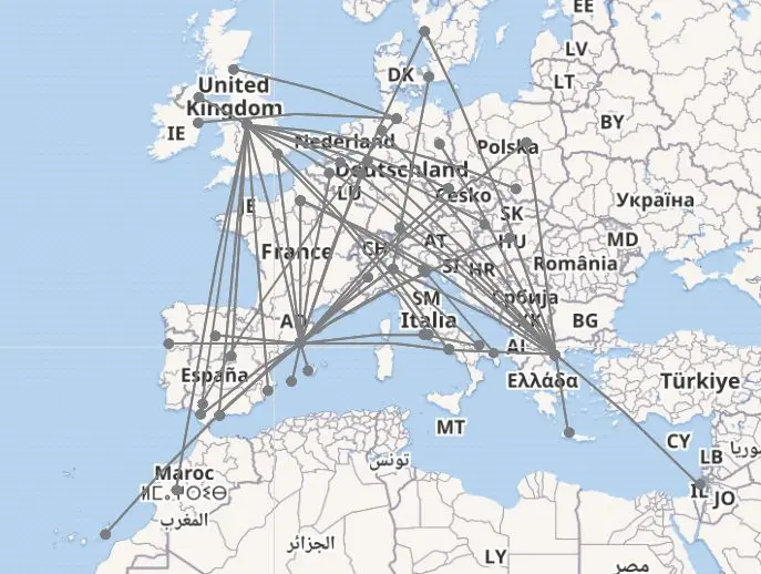 [OC] The flight path of a single Ryanair plane over a one month period ...