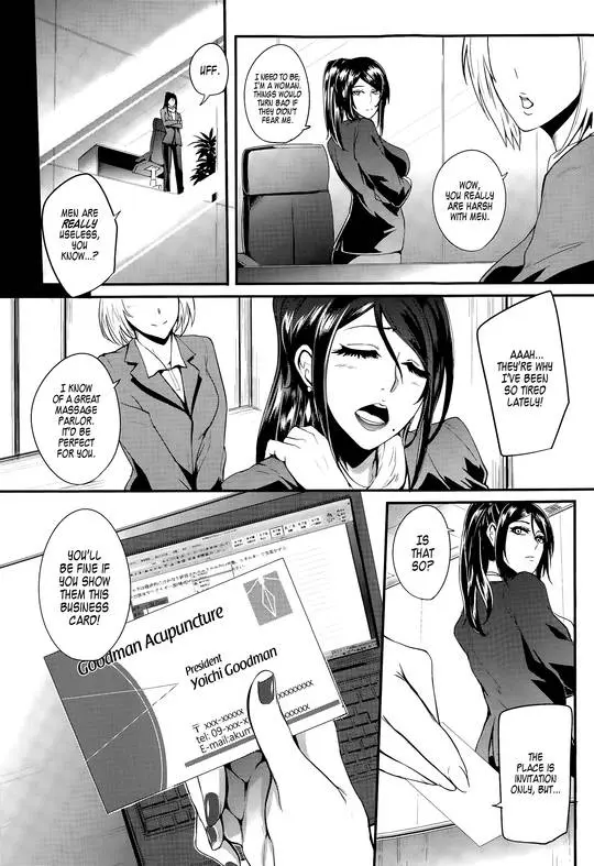 Otochichi manga featuring a busty asian woman in a business suit and a white-haired acupuncturist in a clinic