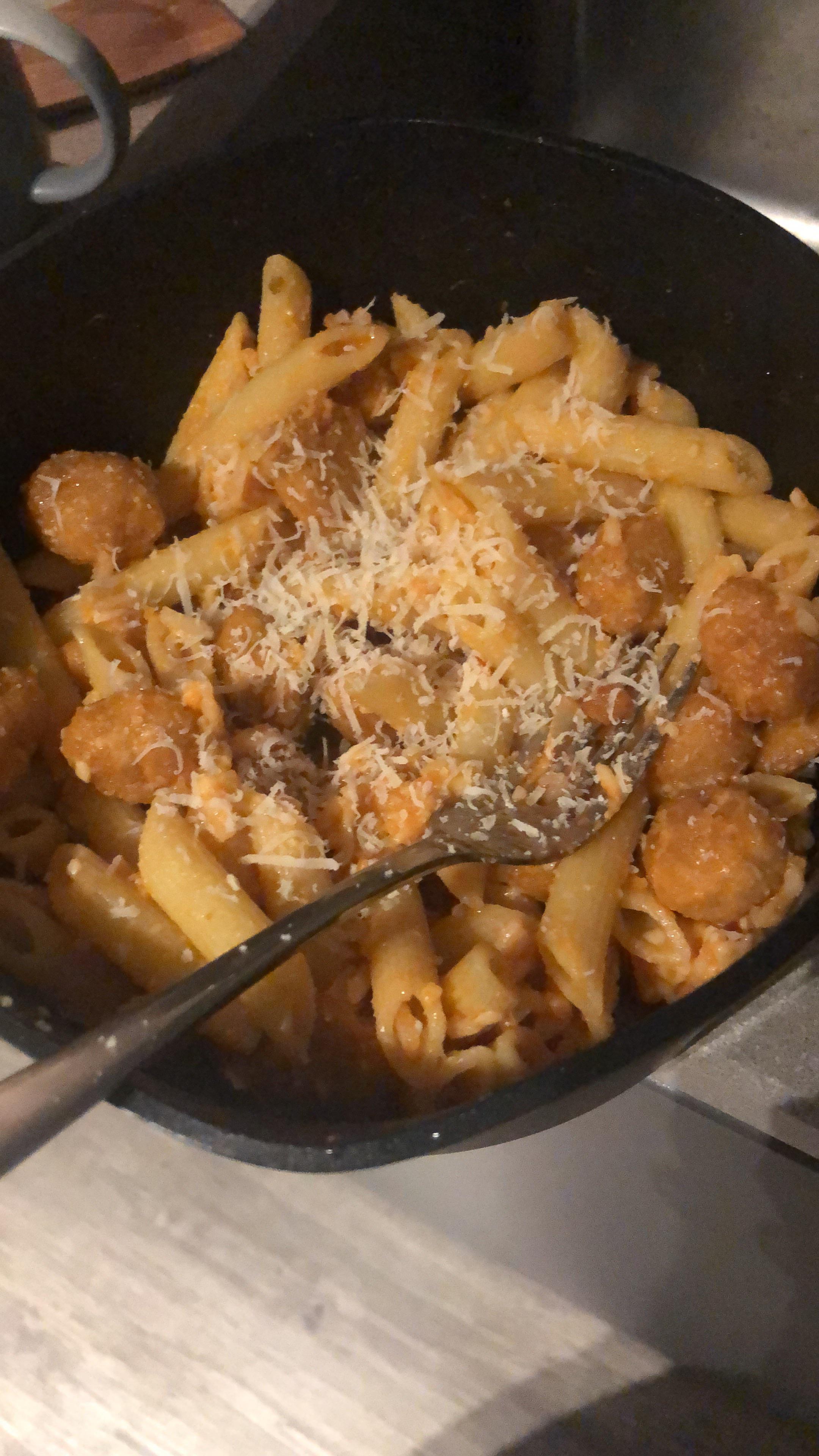 Pasta, KFC popcorn chicken, rice, cheese and bolognese sauce. Scrolller