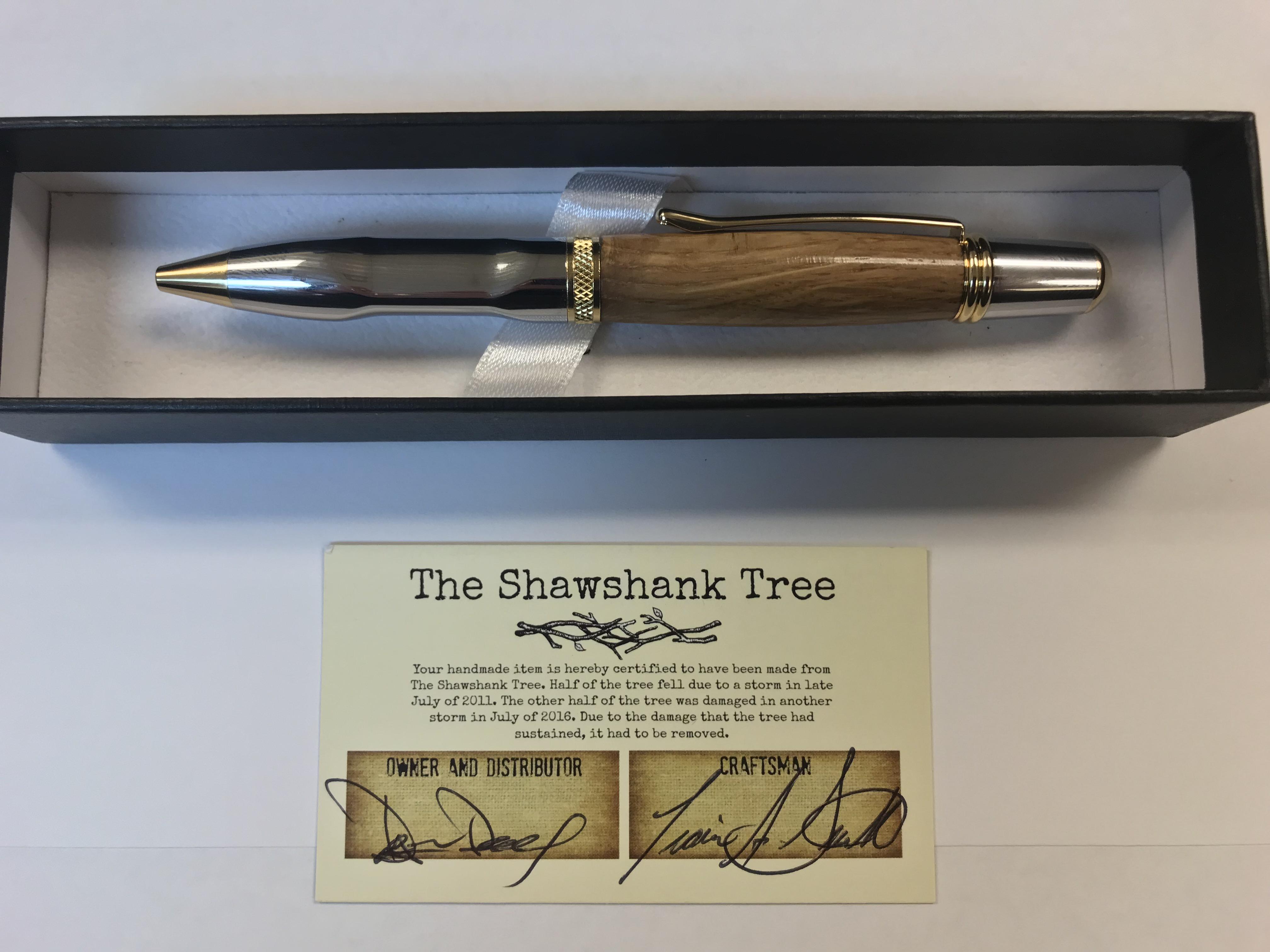 Pen made from the Shawshank Tree. Work friend makes pens and got pieces