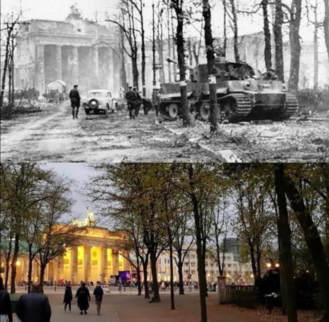 Picture of an destroyed Tiger 1 tank in front of the Brandenburger Gate ...