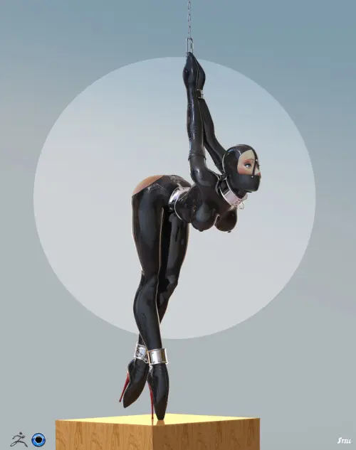 Predicament bondage with a curvy woman in a black latex catsuit and a dominant ebony mistress in a dungeon.