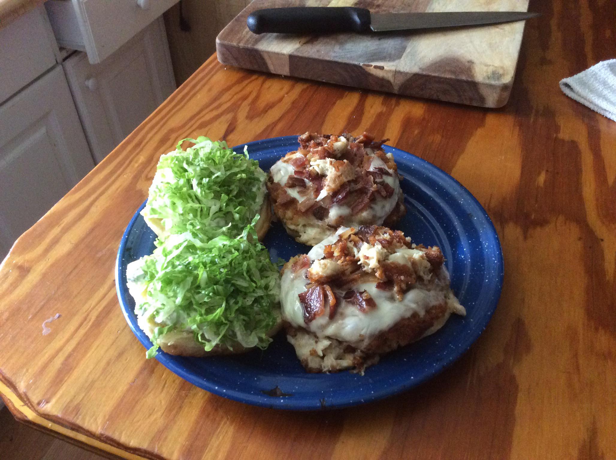 Ritz Crackers Blue Crab Cake w/ white American, chopped bacon, lettuce chiffon and cucumber dill