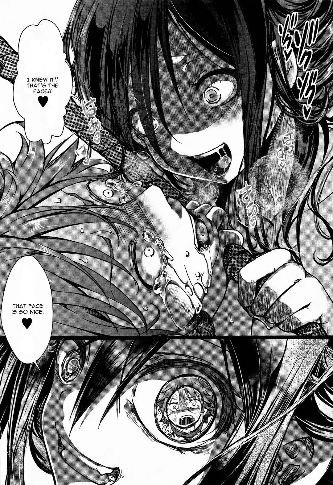 Yandere GF with a manic expression choking another character in a manga close-up