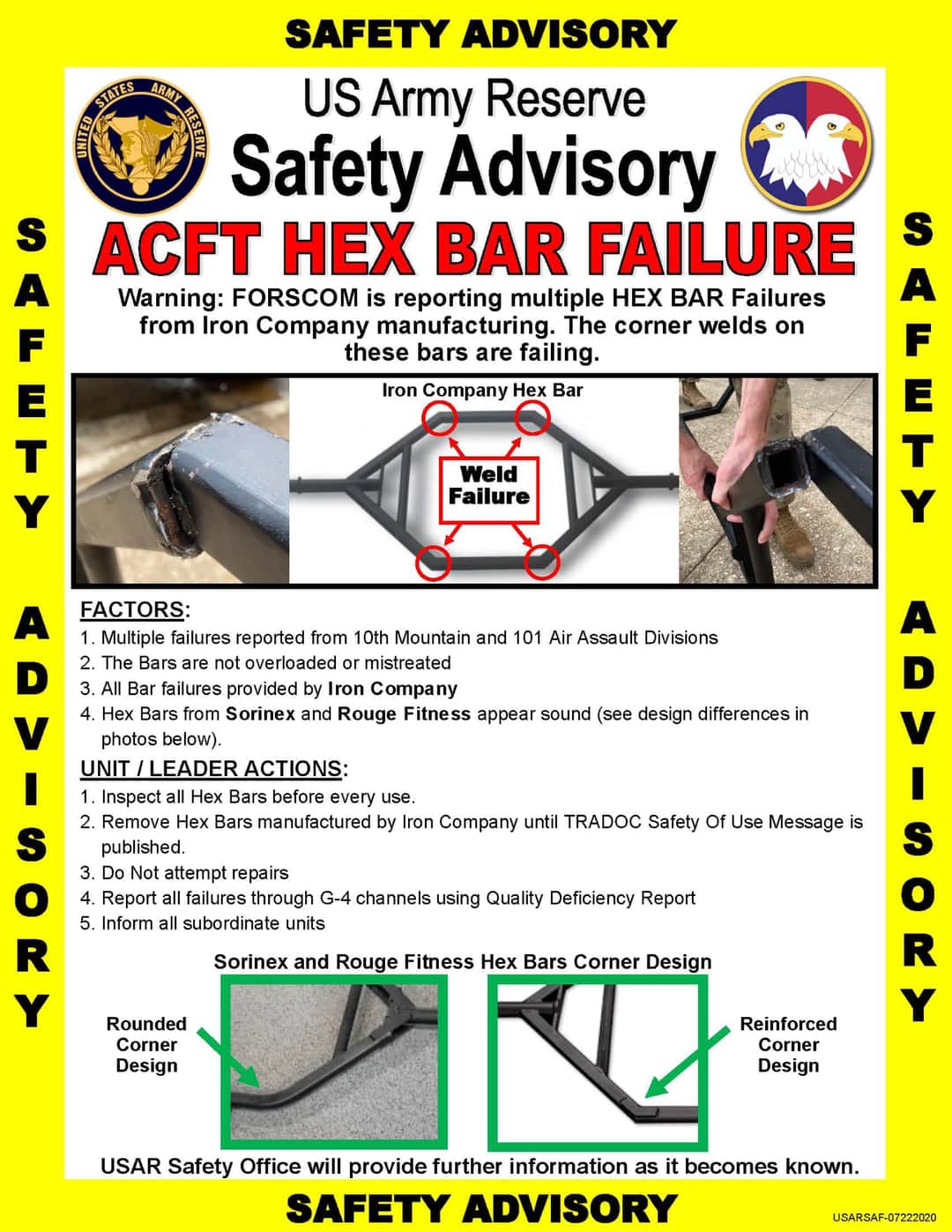 Safety Of Use Message about ACFT Hex Bar Failure from TRADOC | Scrolller