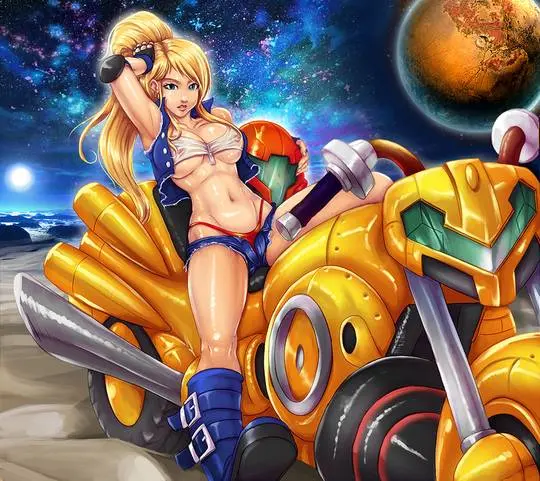 Samus Aran from Metroid in anime fan art, featuring her blonde ponytail, Zero Suit, and nude poses.