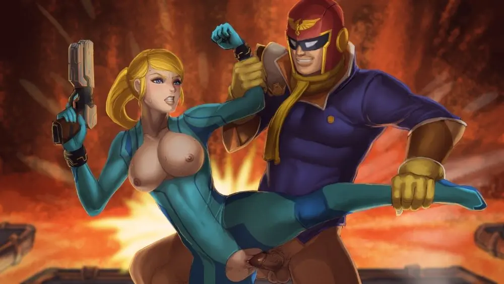 Samus Aran from Metroid in anime fan art, featuring her blonde ponytail, Zero Suit, and nude poses.