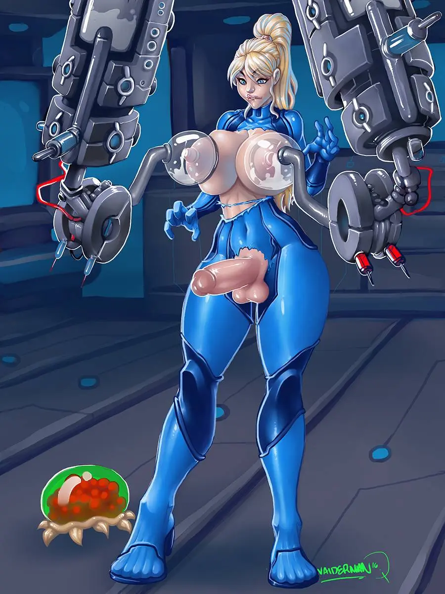 Samus Aran from Metroid in anime fan art, featuring her blonde ponytail, Zero Suit, and nude poses.