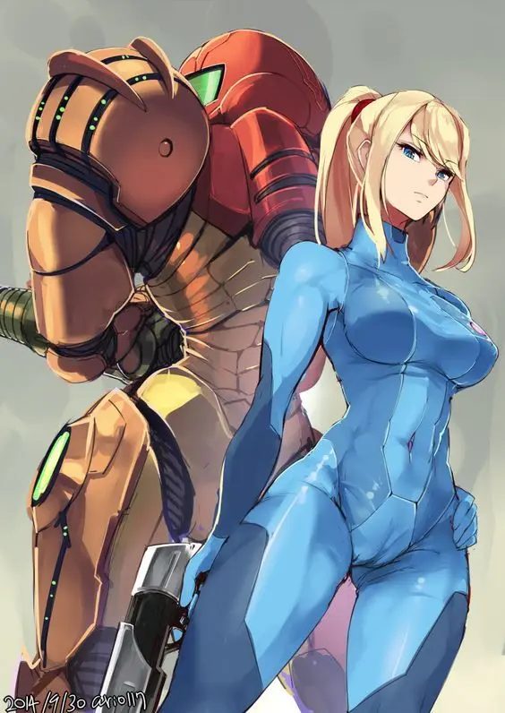 Samus Aran from Metroid in anime fan art, featuring her blonde ponytail, Zero Suit, and nude poses.