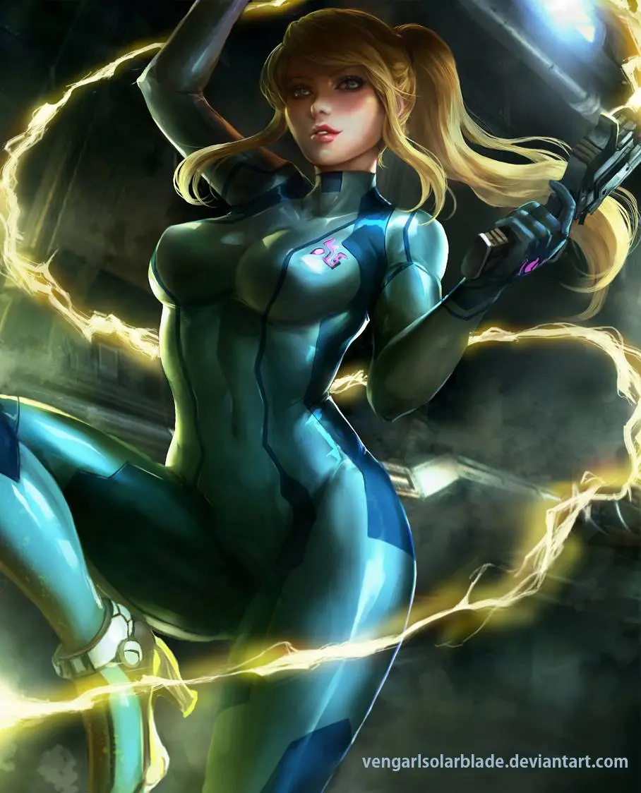 Samus Aran from Metroid in anime fan art, featuring her blonde ponytail, Zero Suit, and nude poses.
