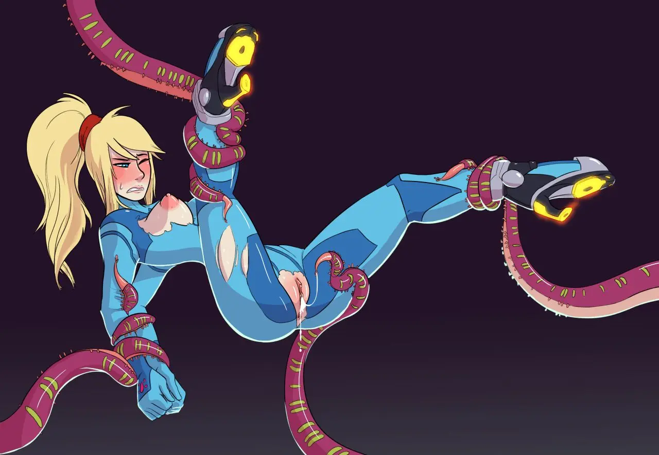 Samus Aran from Metroid in anime fan art, featuring her blonde ponytail, Zero Suit, and nude poses.