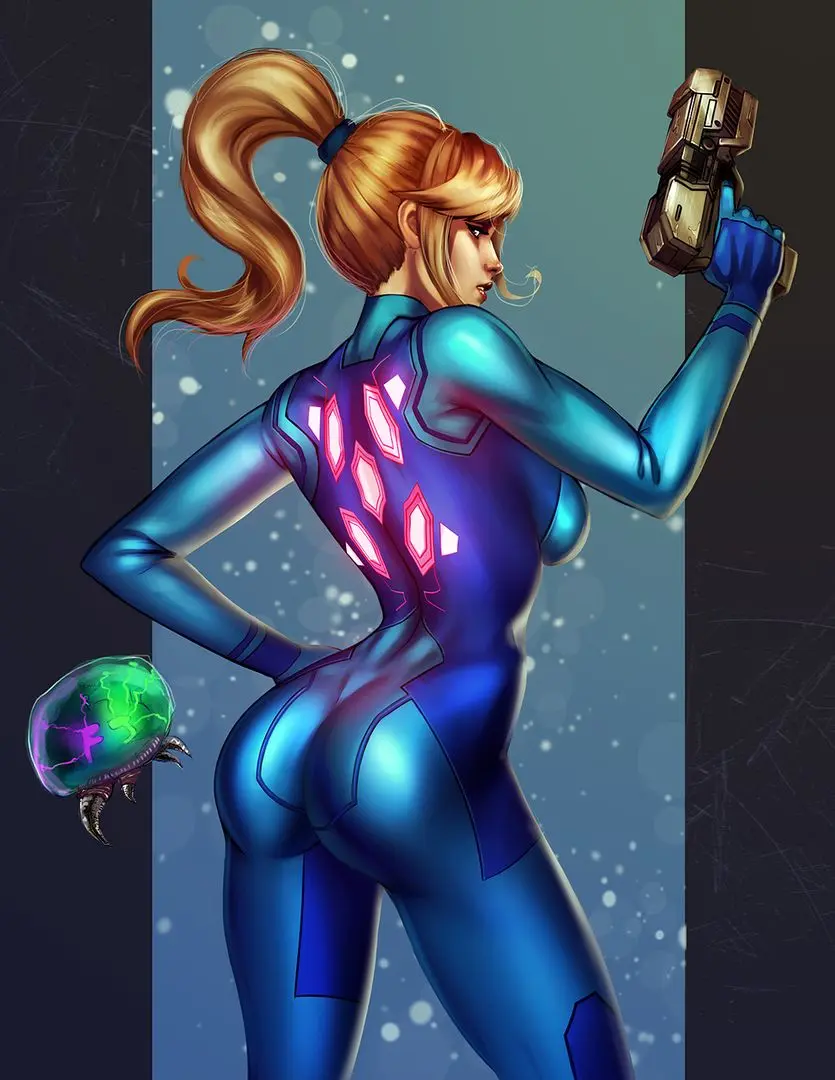 Samus Aran from Metroid in anime fan art, featuring her blonde ponytail, Zero Suit, and nude poses.
