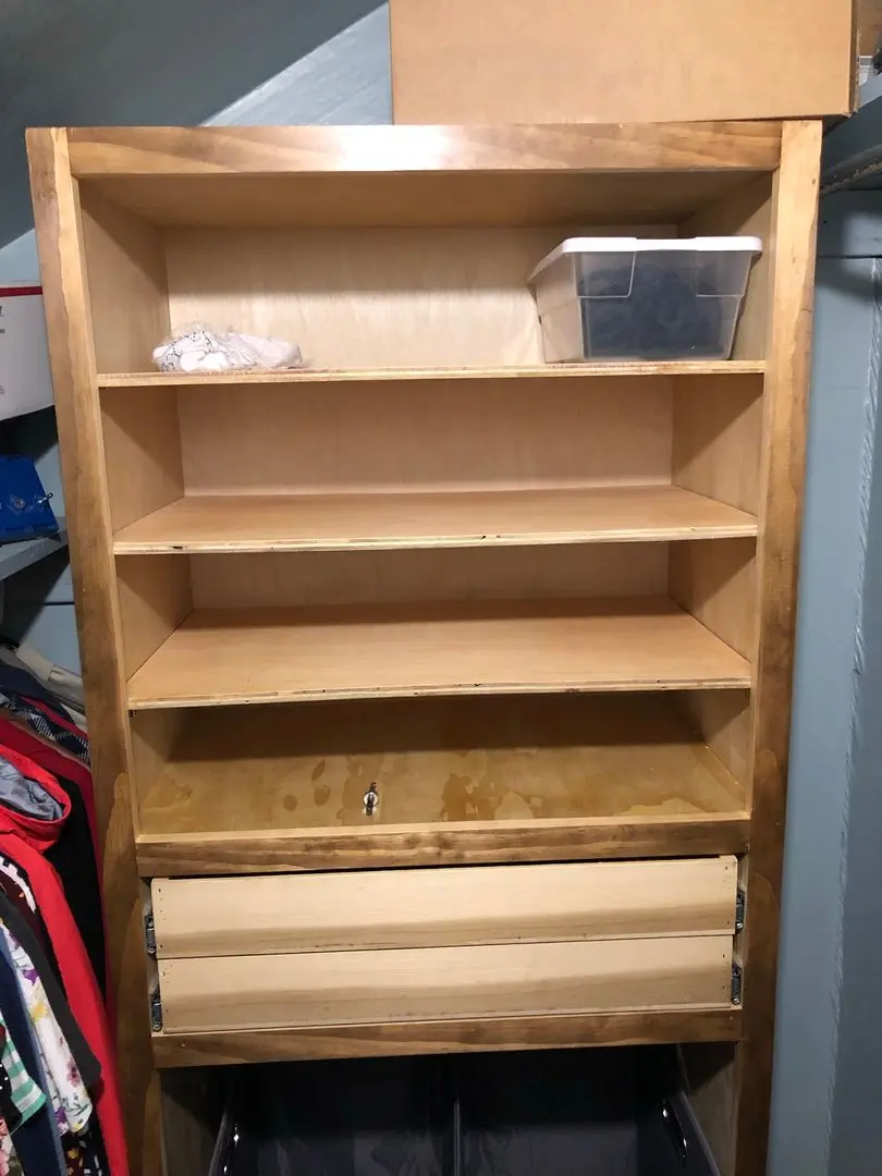 Sex toys including dildos, vibrators, and anal beads organized in a wooden dresser drawer