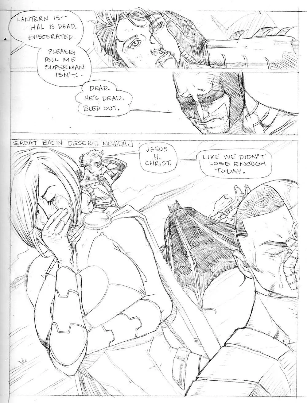 Power Girl and Batman fighting Darkseid in a ruined city, ending in Power Girl's capture and titfuck.