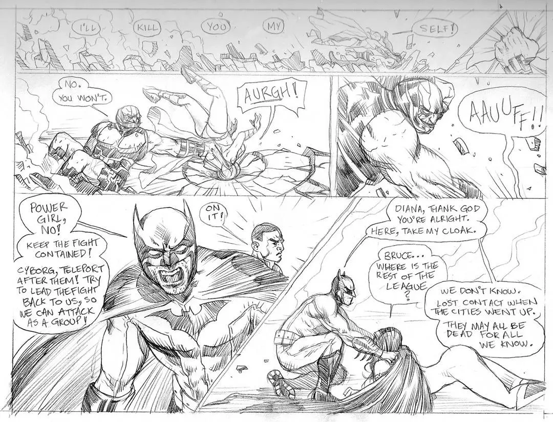 Power Girl and Batman fighting Darkseid in a ruined city, ending in Power Girl's capture and titfuck.