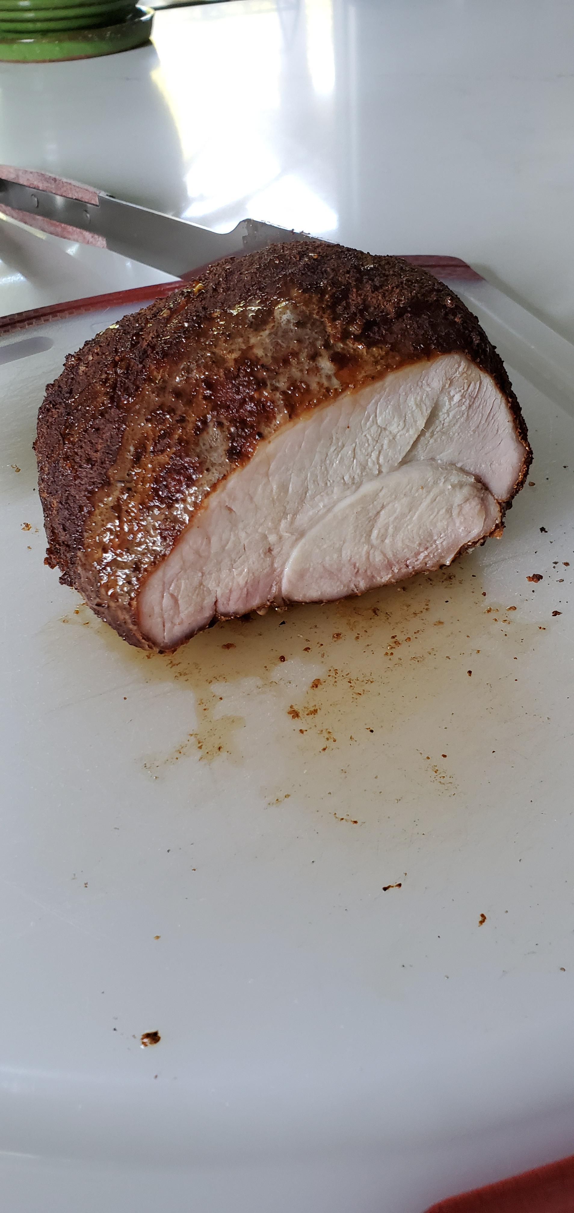 Smoked pork sirloin tip roast on the Weber kettle Scrolller