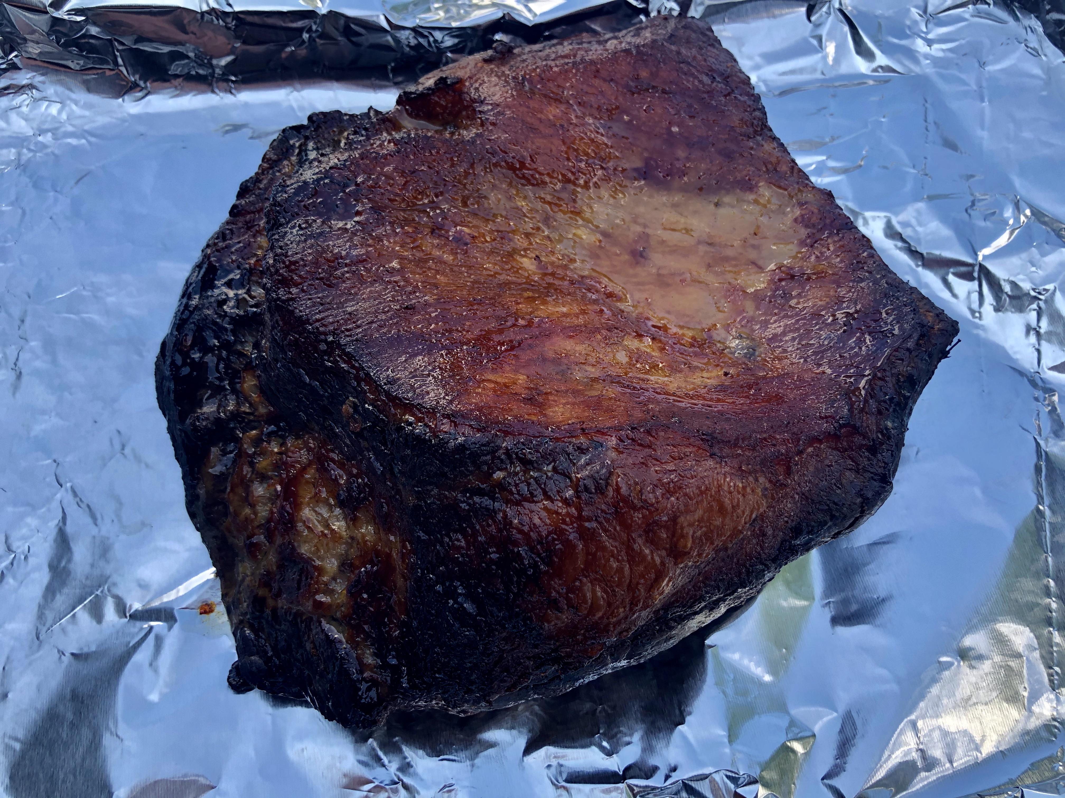 Smoked with whiskey barrel oak chips at 250 to internal temp of 205. No