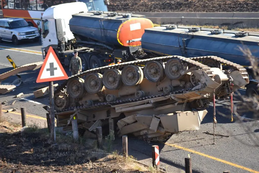 South African Army tank (Olifant? Centurion?) that fell off its tank ...