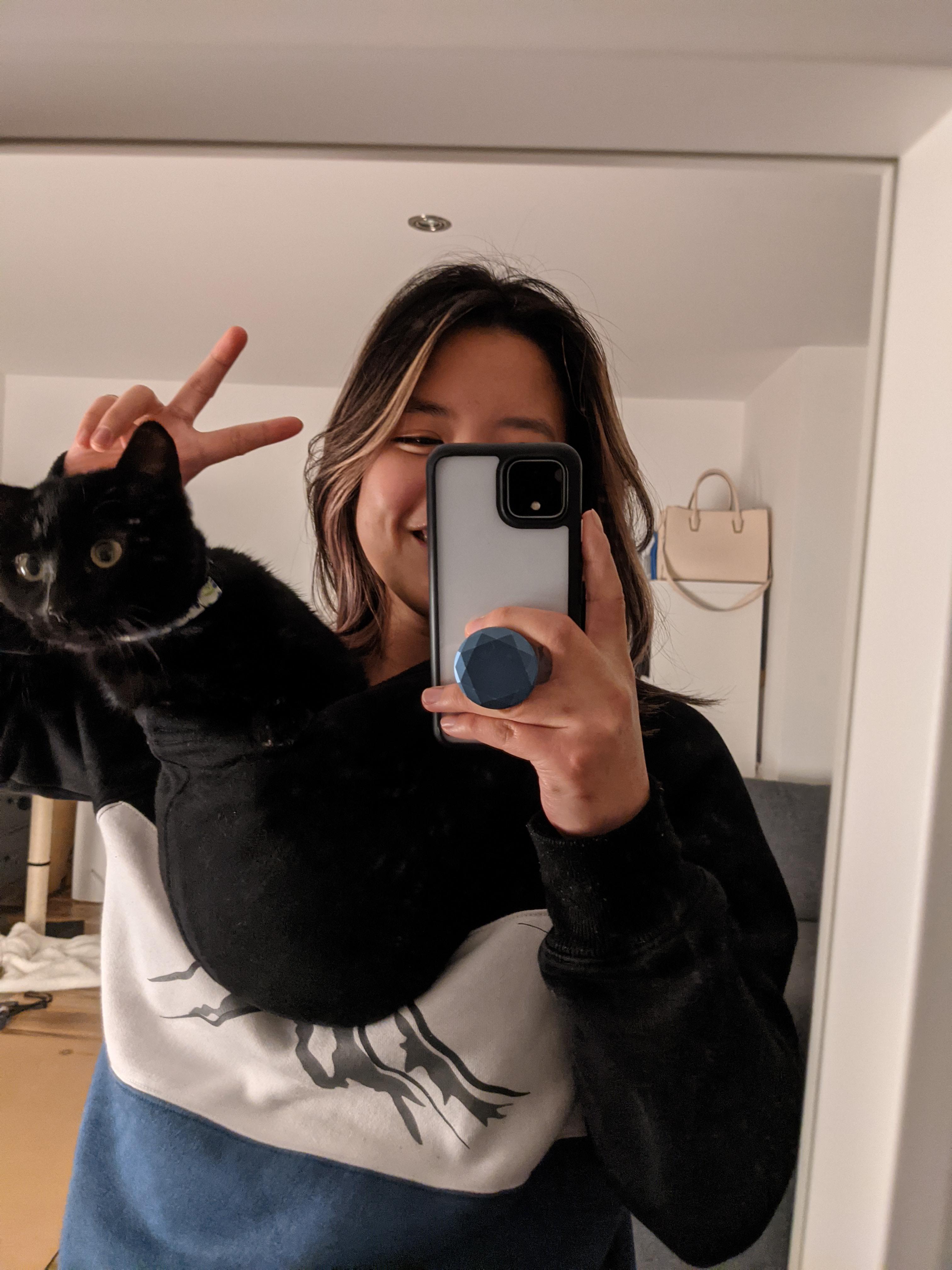 Step 1 wear hoodie backwards. Step 2 place cat in hood Scrolller