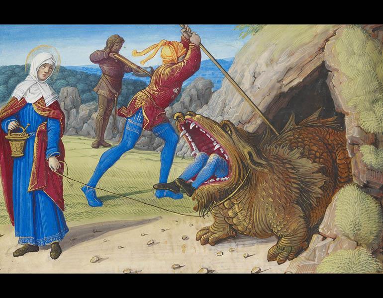 Taming the Tarasque, from Hours of Henry VIII , in Latin (detail), c