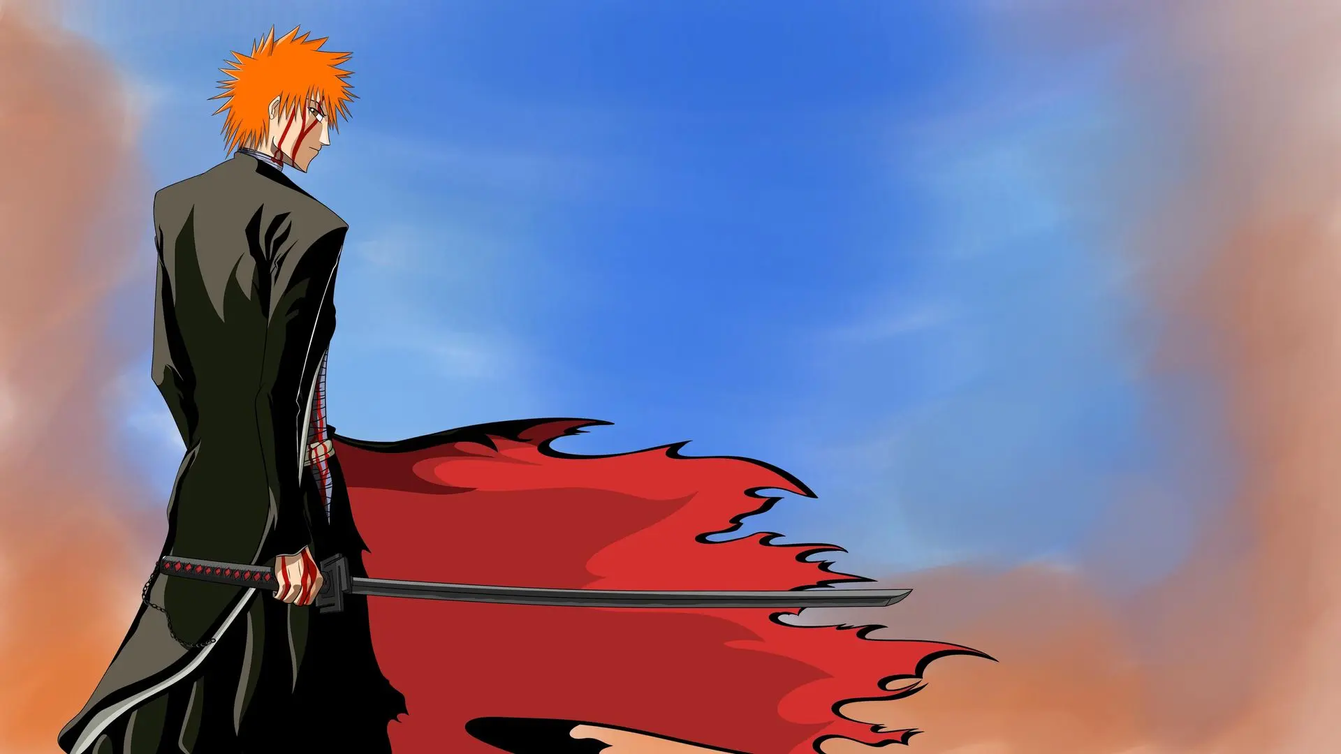 Bleach anime art of a person with spiky orange hair and a black cloak holding a sword against a blue and orange sky.