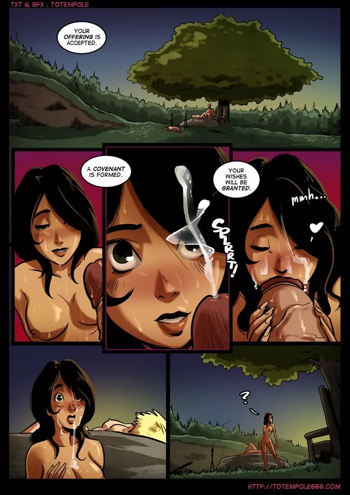 Emma and Audrey in a magical forest with a muscular satyr in the Wishing Hour comic