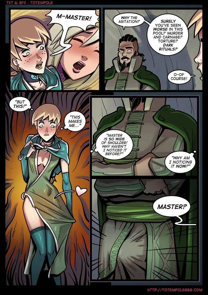 Totempole comic featuring a busty blonde witch, a muscular knight, and green demons in a fantasy setting.