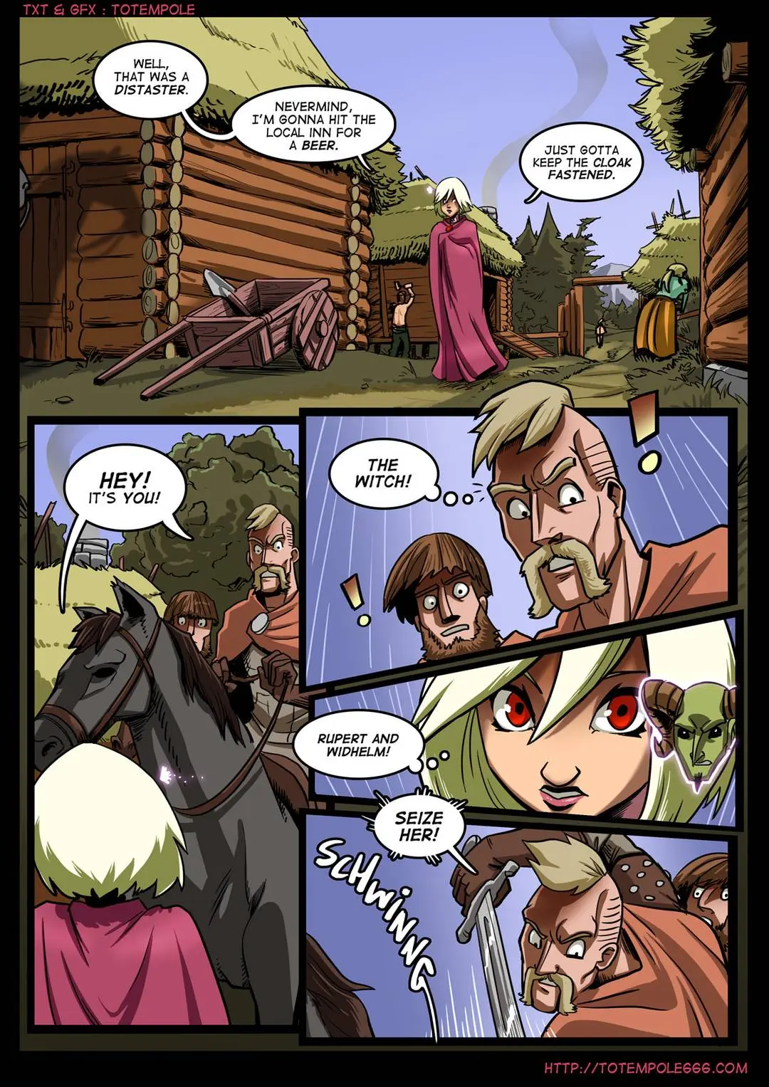 Totempole comic featuring a busty blonde witch, a muscular knight, and green demons in a fantasy setting.