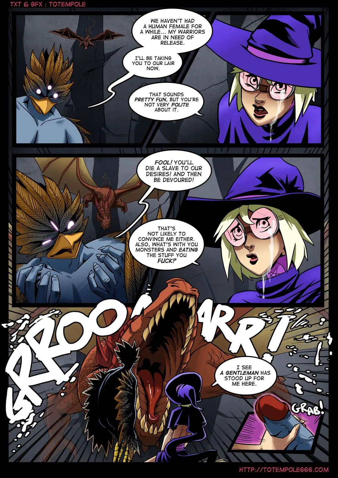 Totempole comic featuring a busty blonde witch, a muscular knight, and green demons in a fantasy setting.