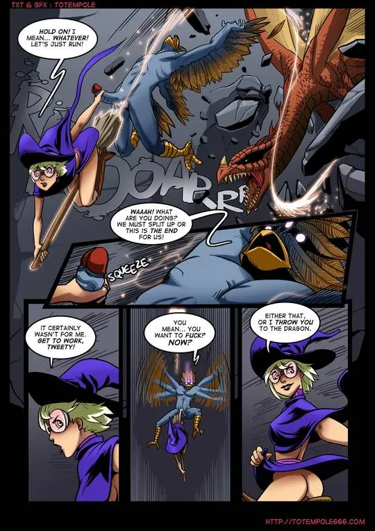 Totempole comic featuring a busty blonde witch, a muscular knight, and green demons in a fantasy setting.