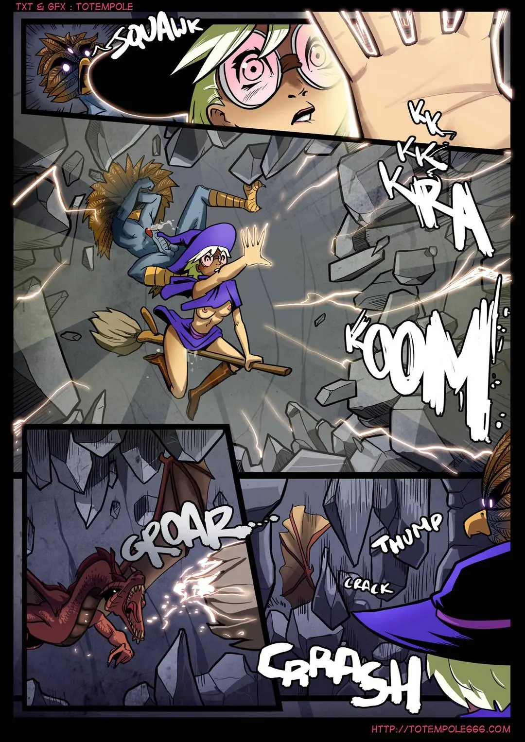Totempole comic featuring a busty blonde witch, a muscular knight, and green demons in a fantasy setting.