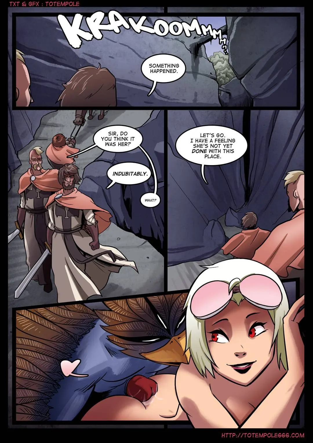 Totempole comic featuring a busty blonde witch, a muscular knight, and green demons in a fantasy setting.