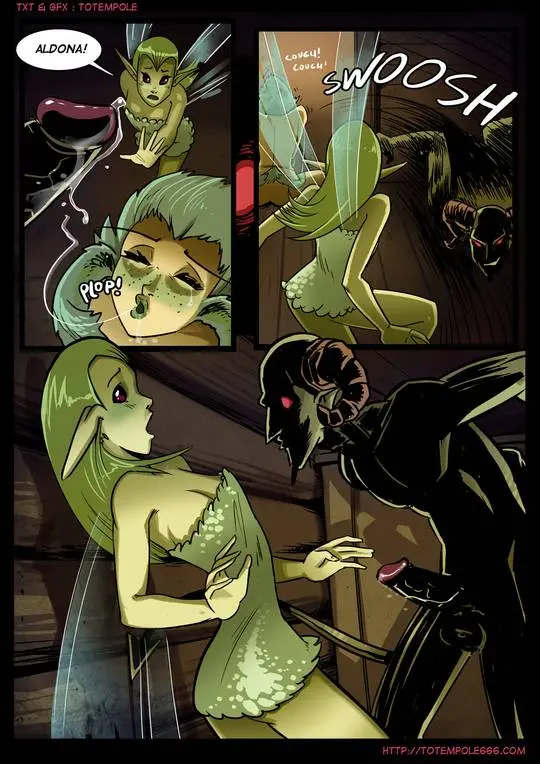 Totempole comic featuring a busty blonde witch, a muscular knight, and green demons in a fantasy setting.