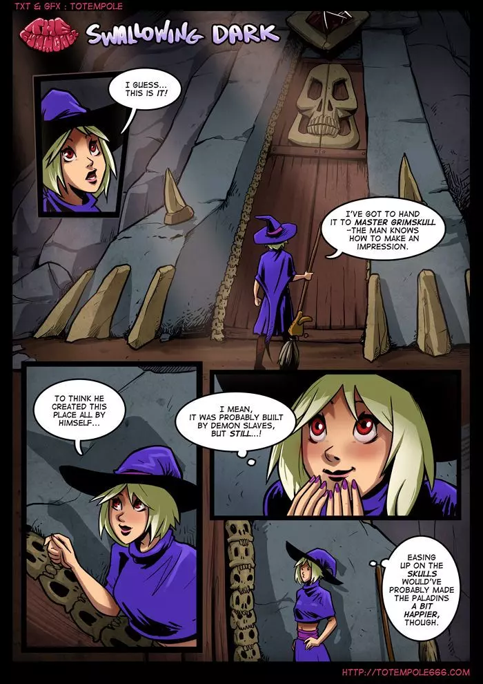 Totempole comic featuring a busty blonde witch, a muscular knight, and green demons in a fantasy setting.