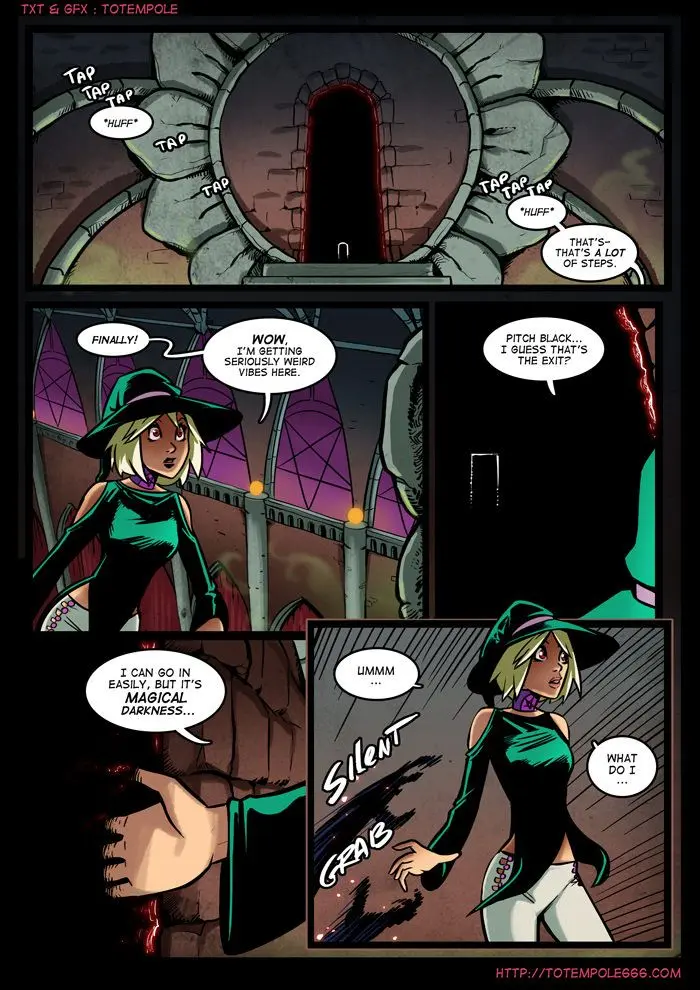 Totempole comic featuring a busty blonde witch, a muscular knight, and green demons in a fantasy setting.