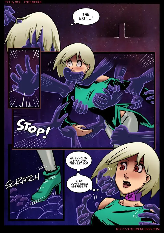 Totempole comic featuring a busty blonde witch, a muscular knight, and green demons in a fantasy setting.