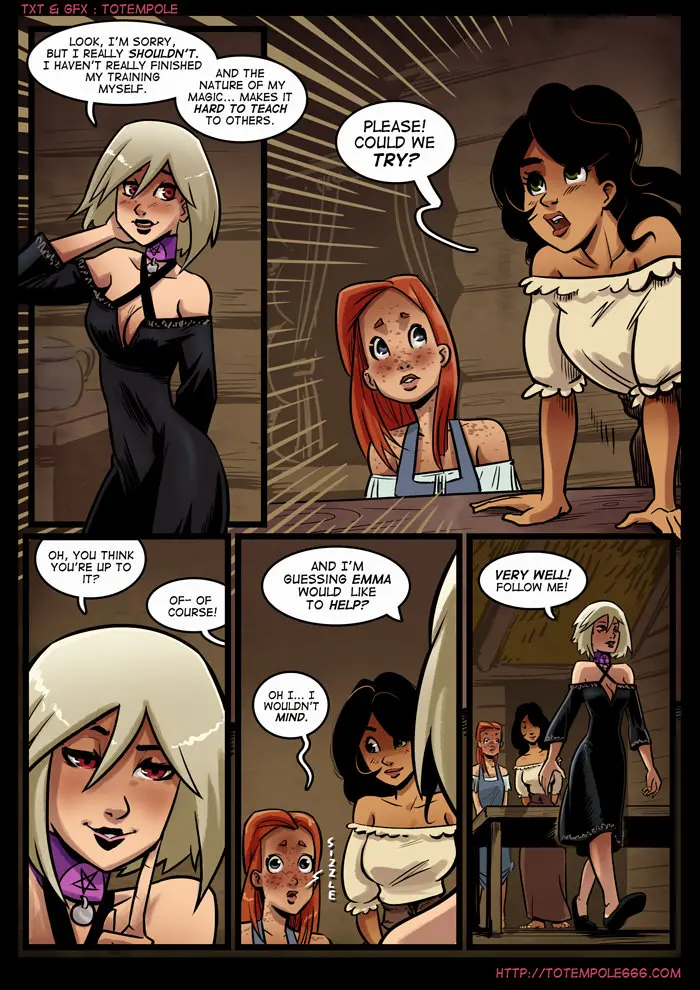 Totempole comic featuring a busty blonde witch, a muscular knight, and green demons in a fantasy setting.