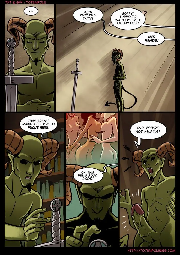 Totempole comic featuring a busty blonde witch, a muscular knight, and green demons in a fantasy setting.