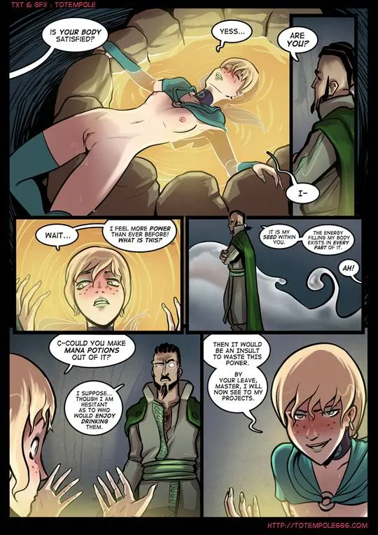 Totempole comic featuring a busty blonde witch, a muscular knight, and green demons in a fantasy setting.