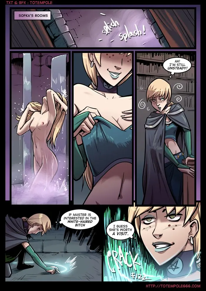 Totempole comic featuring a busty blonde witch, a muscular knight, and green demons in a fantasy setting.