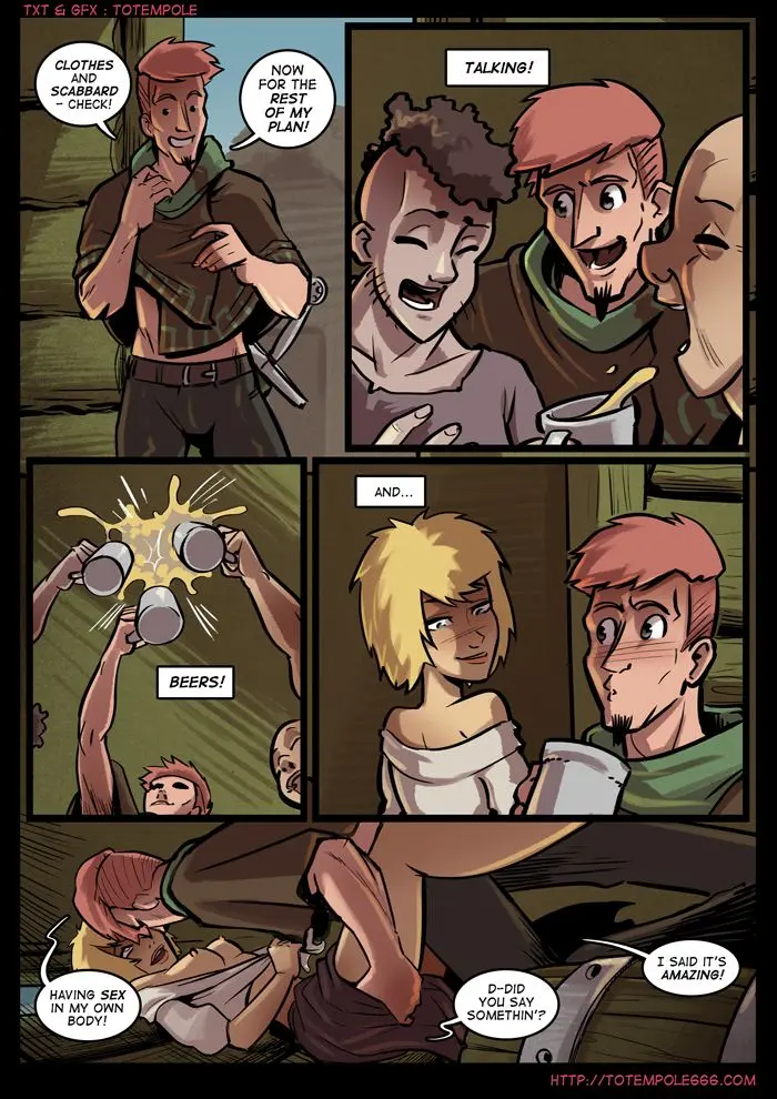 Totempole comic featuring a busty blonde witch, a muscular knight, and green demons in a fantasy setting.
