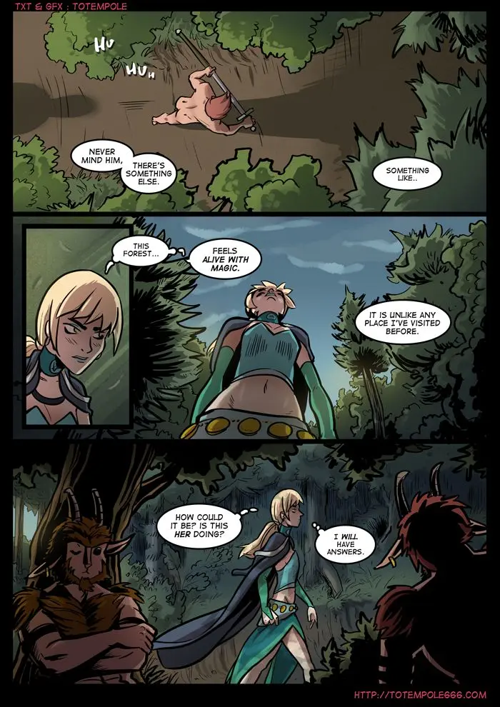 Totempole comic featuring a busty blonde witch, a muscular knight, and green demons in a fantasy setting.